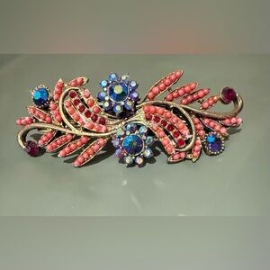 Vintage Floral Barrette with Pink and Blue Gems